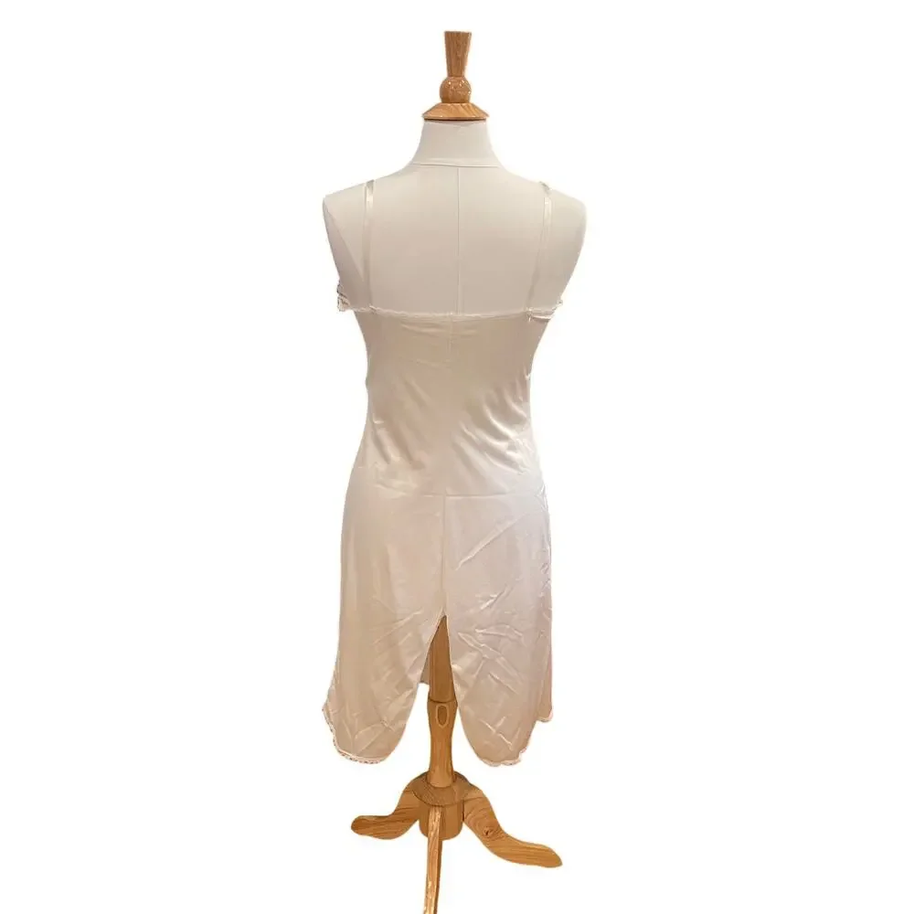 Vintage 80s Sears Ivory Satin Slip Dress, Lace Trim, Size 36, M